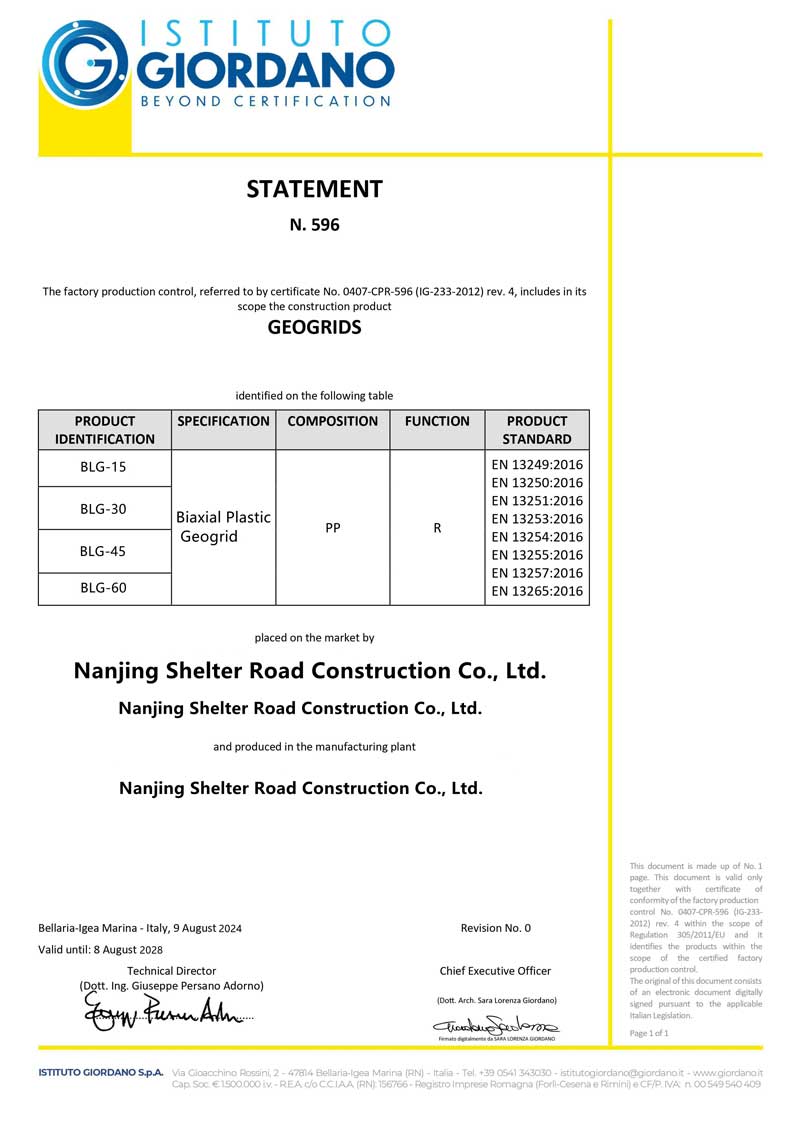 Biaxial Plastic Geogrid Certificate