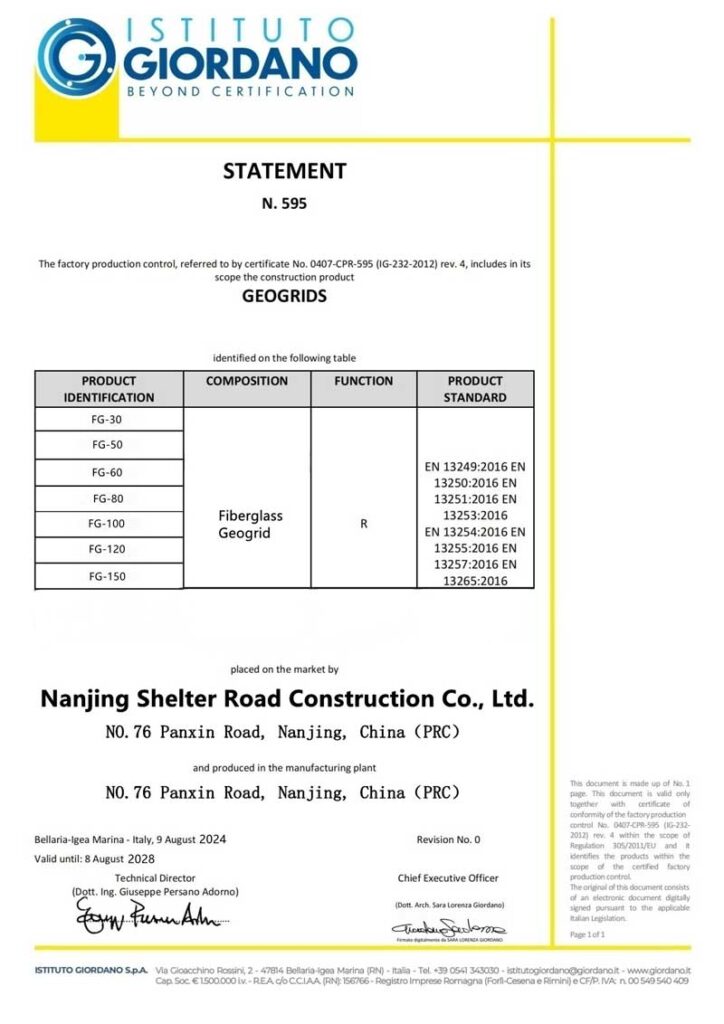 Fiberglass Geogrid Certificate