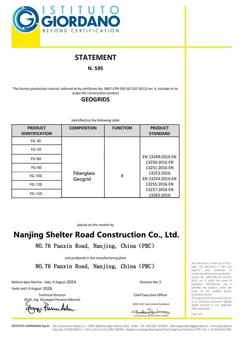 Fiberglass Geogrid Certificate