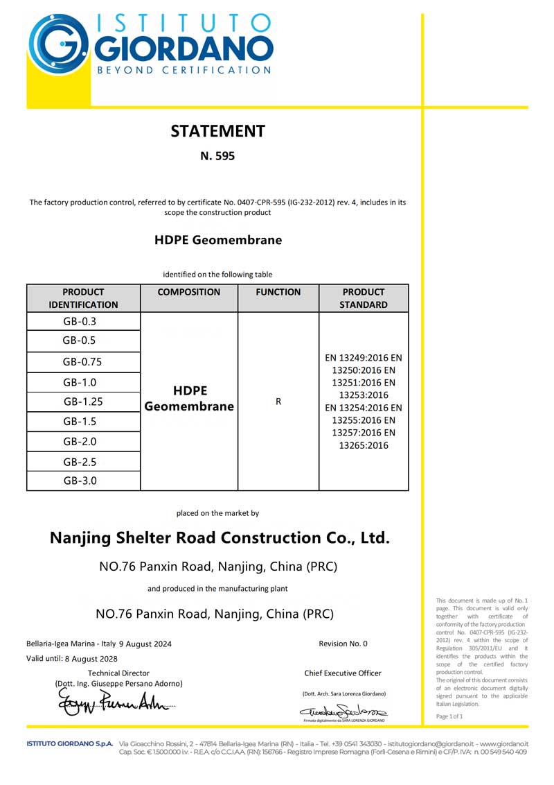 HDPE Geomembrane Certificate
