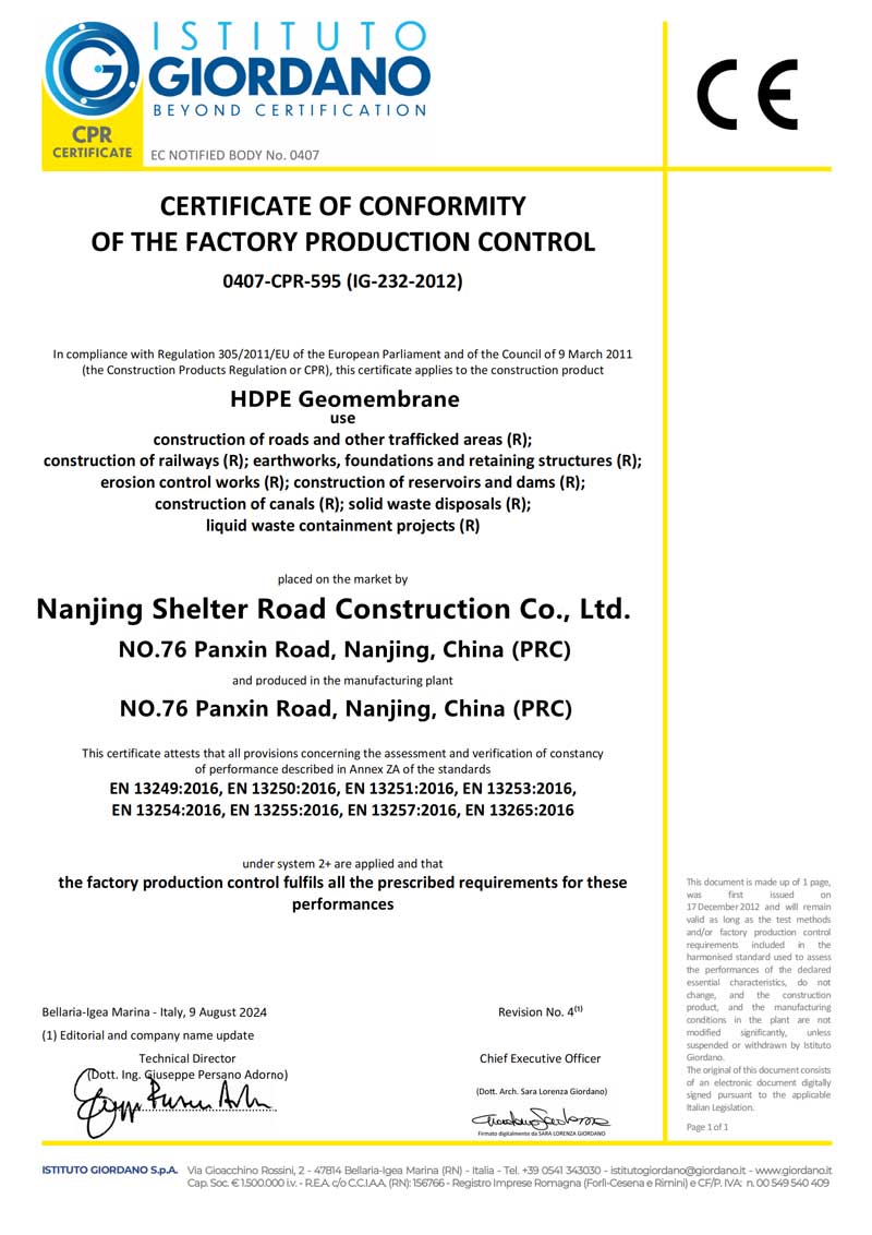 HDPE Geomembrane Certificate