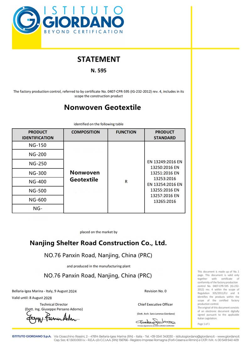 Nonwoven Geotextile Certificate
