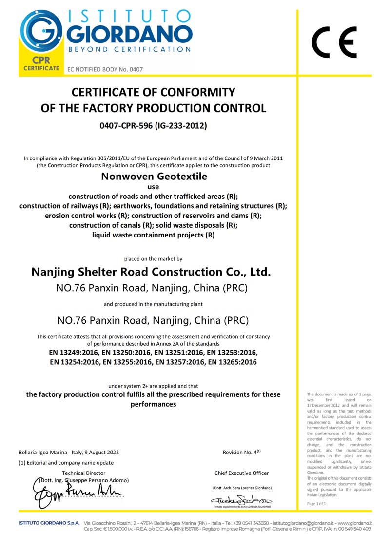 Nonwoven Geotextile Certificate