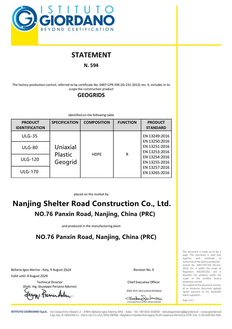 Uniaxial Plastic Geogrid Certificate